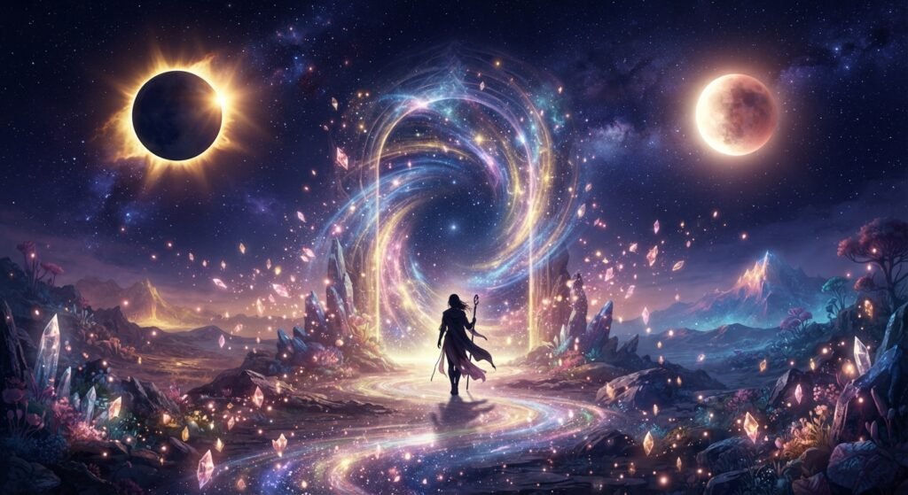 Sagoma di un viandante davanti a un portale cosmico luminoso tra un'eclissi solare e una luna piena