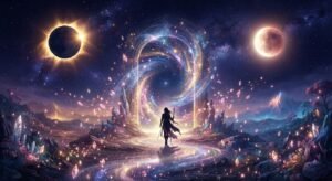 Sagoma di un viandante davanti a un portale cosmico luminoso tra un'eclissi solare e una luna piena